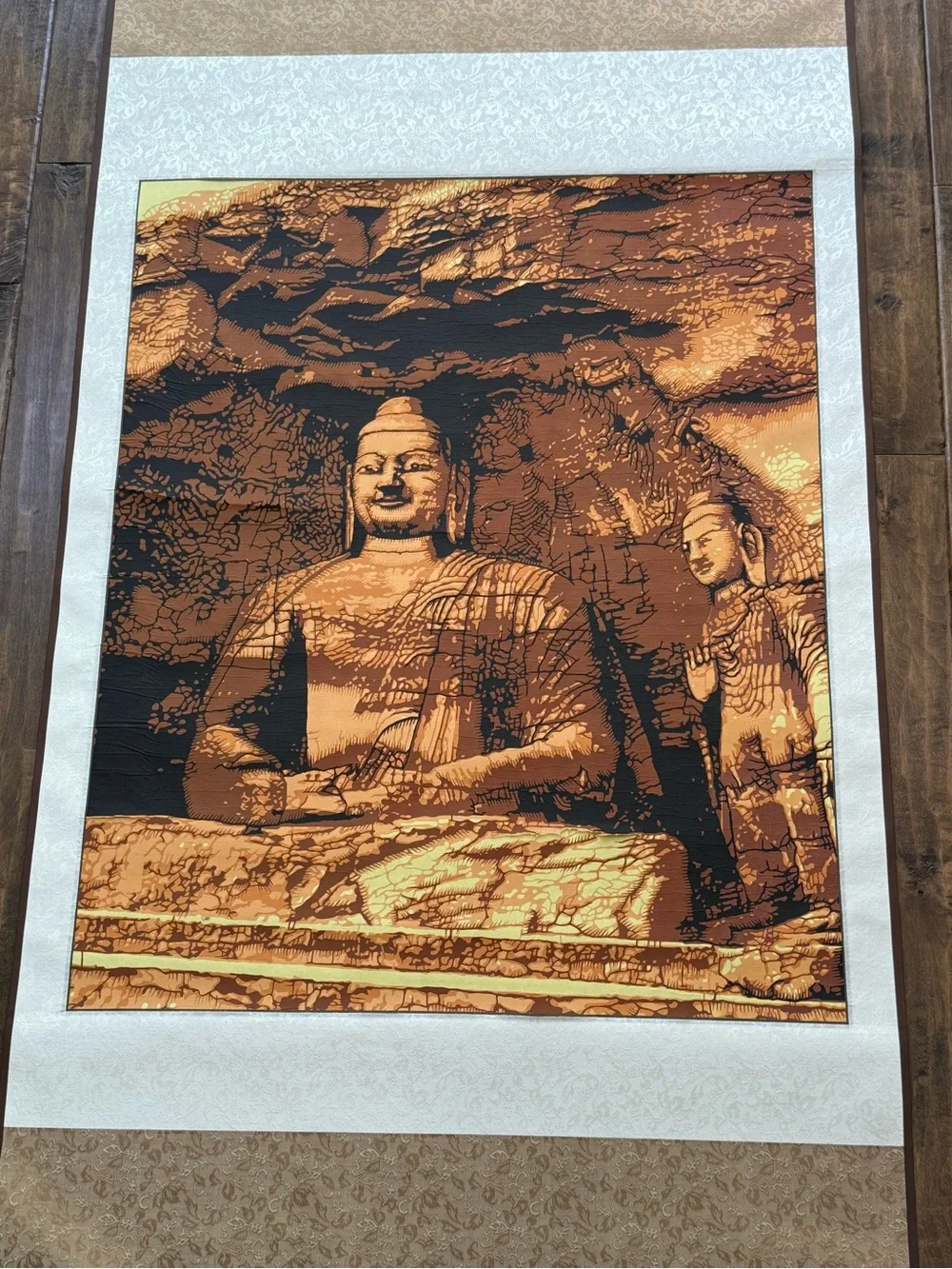 Yungang Grottoes Buddha Laser-Cut Papercut Art Scroll – 6 Foot, Silk Brocade
